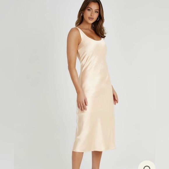 Meshki Tamara Satin Iridescent Slip Midi Dress - Apricot - Picture 1 of 5